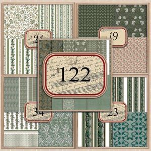 Peut inclure: Un collage de 10 papiers à motifs verts et blancs différents. Les papiers sont disposés en grille avec un numéro au centre de chaque carré. Les numéros sont 19, 21, 122, 23 et 34.