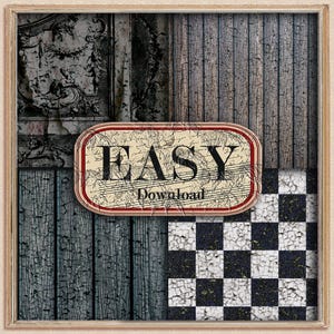 Könnte beinhalten: Eine digitale Collage mit Vintage-Ästhetik, mit abgenutztem Holz, aufwendiger Tapete und einem schwarz-weißen Schachbrettmuster. Ein zentrales, ovales Schild zeigt "EASY Download" in einer klassischen Schriftart.
