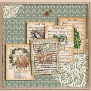 Set di spartiti musicali natalizi vintage, stampe di spartiti di canzoni natalizie - Download digitale per decorazioni natalizie - Stampe di canzoni minimaliste per alberi di Natale