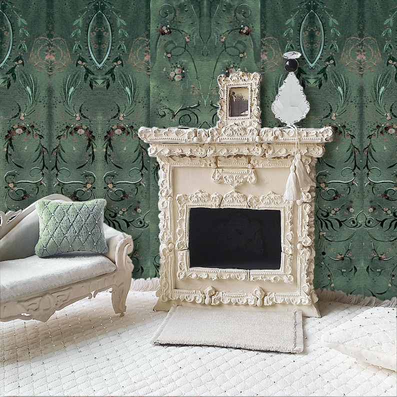 Dollhouse Wallpaper Dark Green 1 : 12 scale Easy Download Prints US LETTER Size 8.5x11" and 11x14" image 3