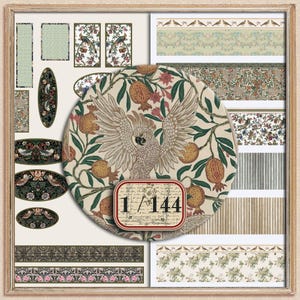 Könnte beinhalten: Eine Sammlung dekorativer Designs im Vintage-Stil mit floralen und Vogelmotiven. Die Designs umfassen ovale und rechteckige Formen, Bordüren und ein zentrales kreisförmiges Design mit einer Papageien- und Granatapfel-Illustration. Das Bild enthält den Text "1/144".