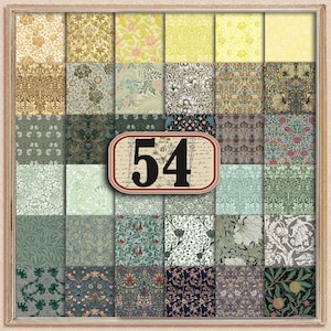 Puede incluir: Una colección enmarcada de 54 muestras de tela estampada. Las muestras presentan diseños florales y botánicos en varios colores, incluyendo verde, amarillo y azul. El número "54" se muestra en una etiqueta central.