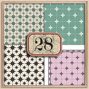 May include: A framed collage featuring four different tile patterns. The patterns include starburst and floral designs in various colors, including green, black, and pink. A central, oval-shaped label displays the number "28" in a vintage style.