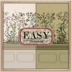 May include: A framed image featuring four panels of vintage-style wallpaper designs. The top panels showcase floral and botanical patterns with red and green hues, while the bottom panels display decorative wall paneling. A central oval sign reads "EASY Download".