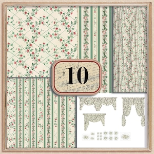 Dollhouse Wallpaper Green 1:12 scale Digital Dolls House Wallpaper, Borders, Curtains, Plates,  SET of 10