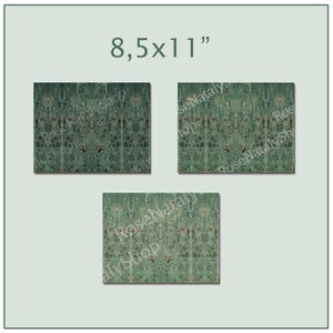 May include: Three green patterned fabric samples, each measuring 8.5 inches by 11 inches. The fabric has a repeating floral design with a green background and pink accents.