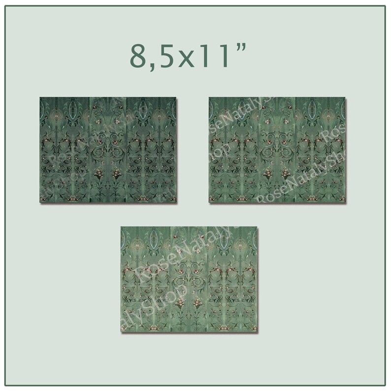May include: Three green patterned fabric samples, each measuring 8.5 inches by 11 inches. The fabric has a repeating floral design with a green background and pink accents.