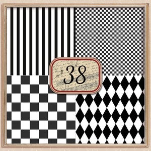 Op de afbeelding: Zwart-wit gepatroneerd papier met vier verschillende ontwerpen. De ontwerpen omvatten verticale strepen, een schaakbordpatroon, een ruitpatroon en een klein schaakbordpatroon. Het nummer 38 is in rood op een witte achtergrond in het midden van de afbeelding gedrukt.