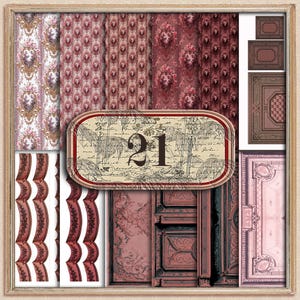 Puede incluir: Un collage de papeles digitales y elementos decorativos de estilo vintage en tonos burdeos, rosa y crema. La imagen incluye patrones florales, bordes ornamentados y una etiqueta central con el número "21" y escritura. El tema general es antiguo y romántico.