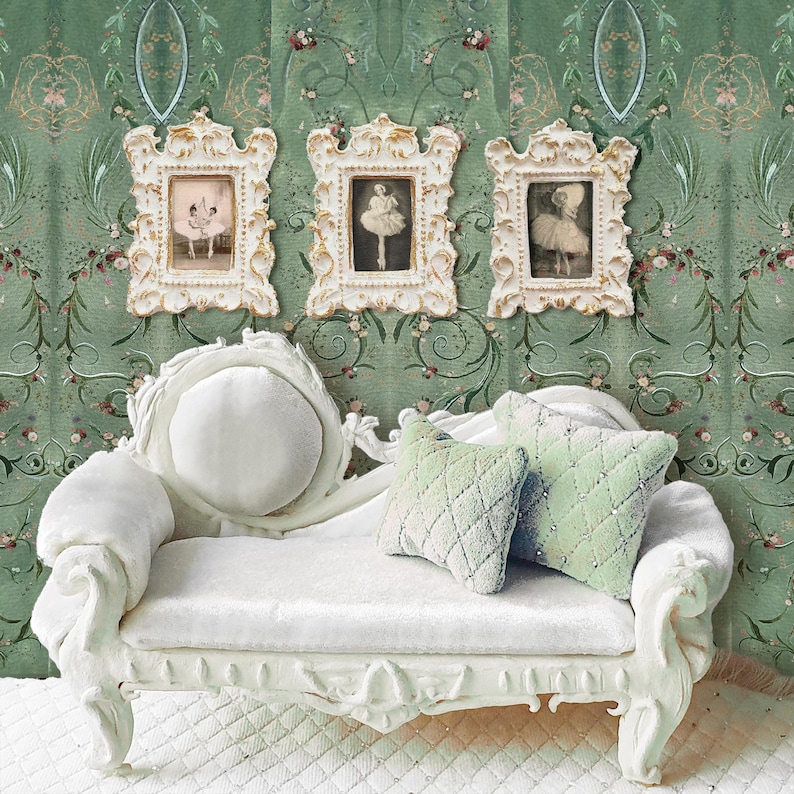Dollhouse Wallpaper Dark Green 1 : 12 scale Easy Download Prints US LETTER Size 8.5x11" and 11x14" image 2