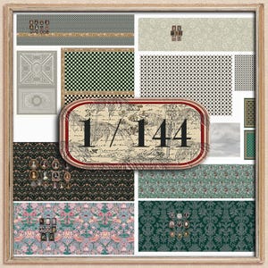 May include: A framed collage featuring various patterned fabric swatches. Designs include floral, geometric, and damask patterns in shades of green, blue, and black. The collage includes the text "1/144" on a vintage map background.