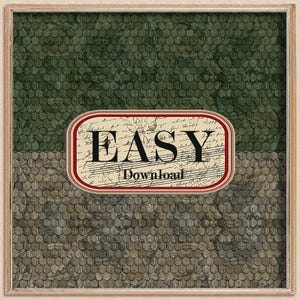 Puede incluir: Un gráfico de estilo vintage con un fondo estampado verde y marrón. El gráfico presenta un óvalo rojo y blanco con la palabra "EASY" en texto negro y la palabra "Download" en texto negro más pequeño.