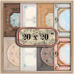 May include: A collection of eight framed images, each with a unique vintage design. The central image displays "20 x 20". The frames are in shades of brown, beige, and gold. The designs incorporate floral and architectural details, creating a classic aesthetic.