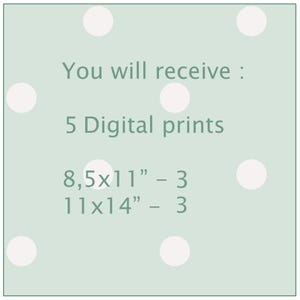 May include: A light green background with white polka dots. The text "You will receive: 5 Digital prints 8.5x11" - 3 11x14" - 3" is written in dark green.