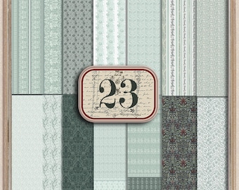 Tapeta z motywem domku dla lalek William Morris Prints: nadruk w stylu vintage i w kolorze szałwiowej zieleni z OBRAMOWANIAMI (do pobrania w wersji cyfrowej)