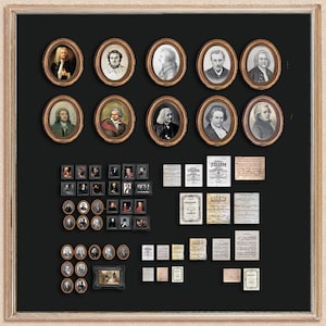 May include: A black framed wall display with portraits of famous composers, including Mozart, Beethoven, and Bach. The display also includes musical scores and other memorabilia.