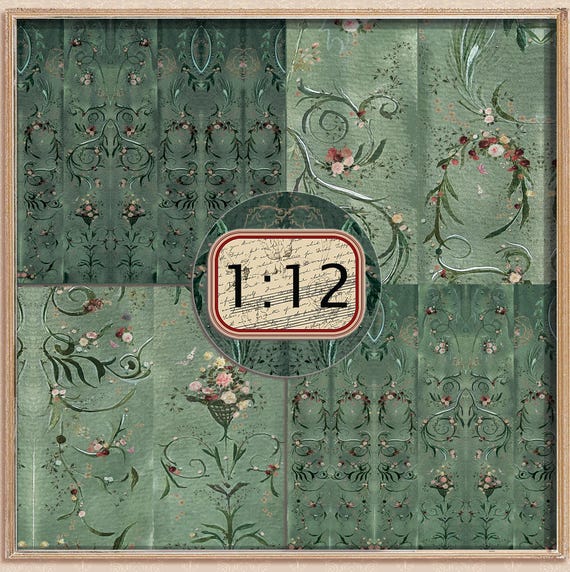 Dollhouse Wallpaper Dark Green 1 : 12 scale Easy Download Prints US LETTER Size 8.5x11" and 11x14"