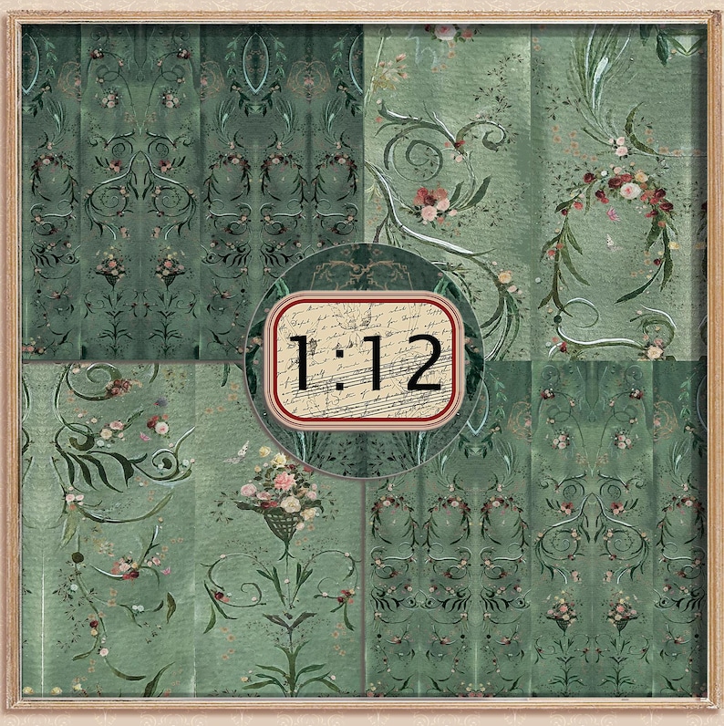 Dollhouse Wallpaper Dark Green 1 : 12 scale Easy Download Prints US LETTER Size 8.5x11" and 11x14" image 1
