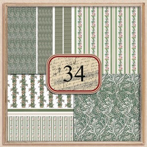 Può includere: Un collage di 6 diversi fogli di carta con motivi verdi e bianchi. I fogli hanno una varietà di motivi, tra cui strisce, disegni floreali e forme geometriche. Il numero 34 è stampato al centro del collage.