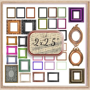 May include: A collection of 25 different picture frames in various colors and styles, including gold, silver, black, white, and wood. The frames are arranged in a grid pattern and feature a variety of shapes, sizes, and designs. The frames are all 2x2.5 inches in size.