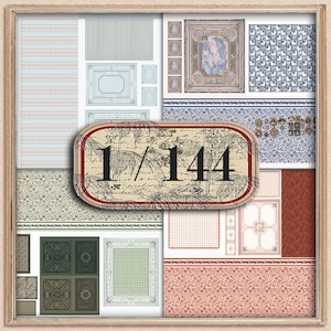 May include: A framed collage of miniature patterned papers, featuring various designs such as stripes, floral, and geometric patterns. The color palette includes shades of blue, green, and red. The central element displays the text "1/144" in a vintage style.