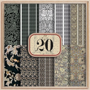 "20 William Morris Dollhouse Wallpaper 1/12 dunkel bedruckbare PUPPENHAUS Grün und Grau Drucke Set von 20 Puppenhausminiaturpapieren."