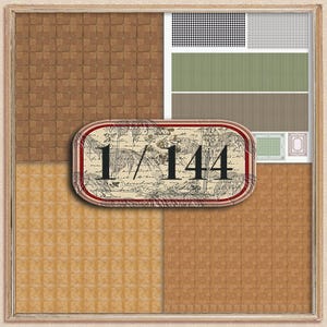 May include: A framed collage showcasing patterned papers. The design incorporates squares of brown, tan, and textured patterns, alongside a section of smaller samples in black and white, green, and tan. A central label reads "1/144".