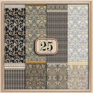 May include: A framed display of eight wallpaper samples with floral and geometric patterns in shades of blue, green, brown, and cream. A central label reads "25" in a vintage style.