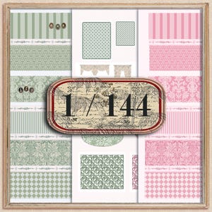 May include: A framed collage showcasing patterned papers in green and pink. Designs include stripes, diamonds, floral, and dotted patterns. A central oval label displays the text "1/144" over a vintage map illustration.