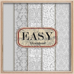 Könnte beinhalten: Eine gerahmte Sammlung von gemusterten Digitalpapieren in Grau- und Weißtönen. Die Papiere weisen verschiedene Designs auf, darunter Streifen, Blumenmuster und Damastmuster. Ein Schild im Vintage-Stil mit dem Wort "EASY Download" ist auf die Papiere gelegt.