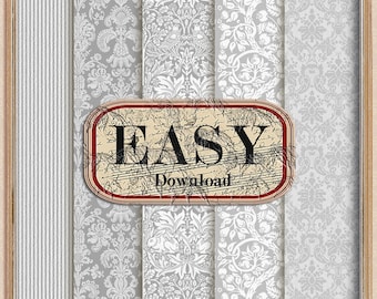 Dollhouse Wallpaper: Neutral Gray Damask, Vintage Prints (Digital Download)