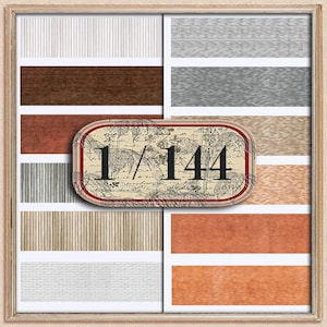 May include: A framed collage showcasing various textures and patterns. The image includes sections of brick, wood, and textured surfaces in shades of brown, gray, and white. A central oval graphic displays the text "1/144" with decorative elements.