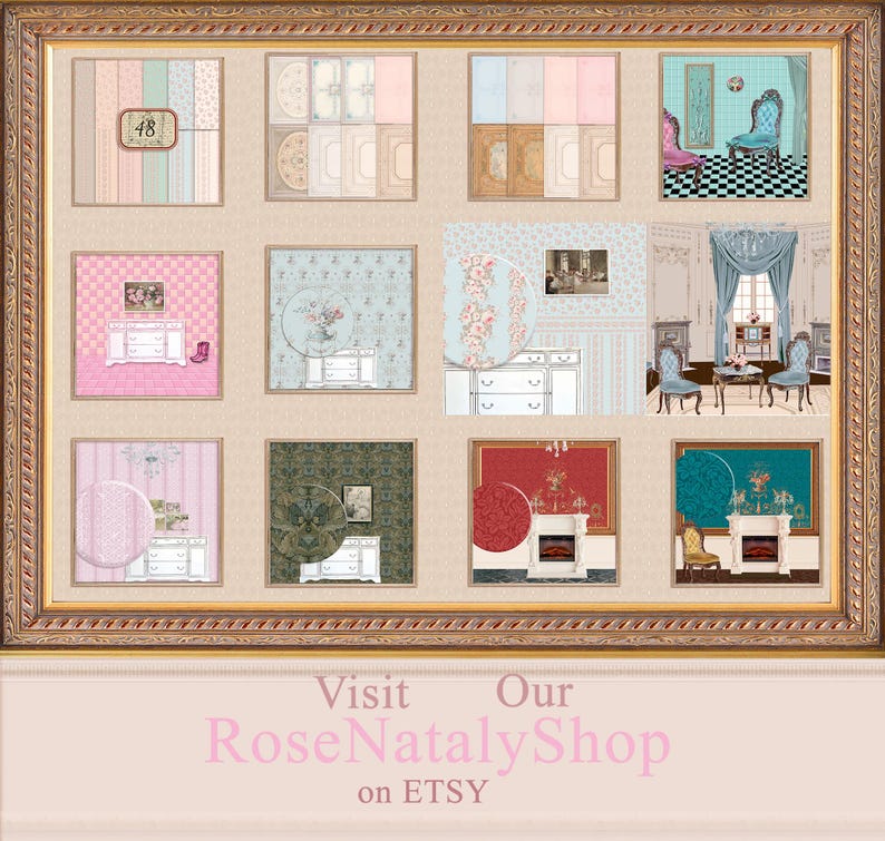 Dollhouse Wallpaper Dark Green 1 : 12 scale Easy Download Prints US LETTER Size 8.5x11" and 11x14" image 10