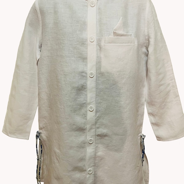 100% Linen Men's Button Up Tunic Top (Fringes: Optional)