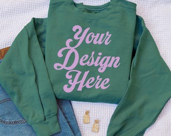 Light Green 1566 Comfort Colors Garment Dyed Sweatshirt Long Sleeve Mockup: Mockups for POD Stores