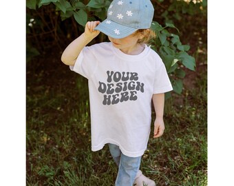 Kids Comfort Colors C9018 Youth T-Shirt Mockup on Model White, White Comfort Colors 9018 Youth Mocks, Outdoor C9018 Mockups, White CC9018