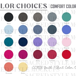 Tabla de colores Comfort Colors 9018 semieditable, guía de colores para camisetas de peso medio para jóvenes CC9018, tabla de colores grande para Comfort Colors CC9018 para jóvenes