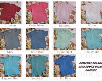 Editable Comfort Colors 9018 Color Chart, CC9018 Youth T-Shirt Color Guide, Color Chart for Comfort Colors CC9018 using the actual shirts