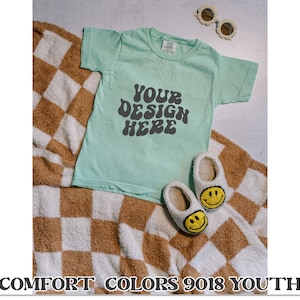 Kids Comfort Colors C9018 Youth T-Shirt Mockup Flat Lay Island Reef, Comfort Colors 9018 Youth Mocks, Flat CC9018 Mockups, CC9018 Mocks