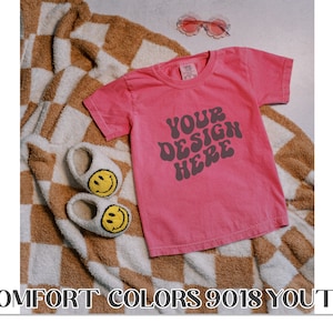 Kids Comfort Colors C9018 Youth T-Shirt Mockup Flat Lay Crunchberry, Comfort Colors 9018 Youth Mocks, Flat C9018 Mockups, Retro CC9018 Mocks