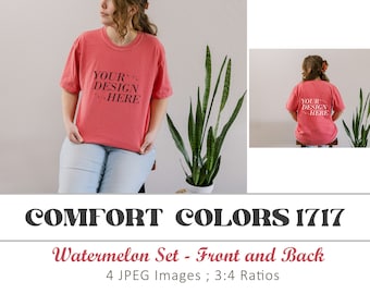 Comfort Colors 1717 Watermelon Lifestyle Mockup Template, Comfort Colors 1717 Watermelon on Model, Comfort Colors 1717 Mockup Front & Back