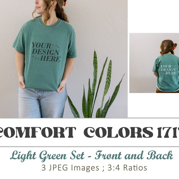 Comfort Colors 1717 Light Green Lifestyle Mockup Template, Comfort Colors 1717 Light Green on Model, Comfort Colors 1717 Mockup Front & Back