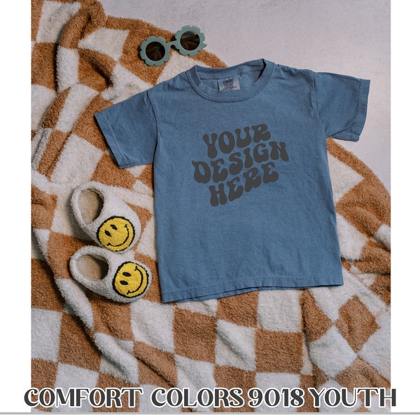 Kids Comfort Colors C9018 Youth T-Shirt Mockup Flat Lay Blue Jean, Comfort Colors 9018 Youth Mocks, Flat CC9018 Mockups, Retro CC9018 Mocks