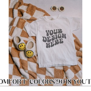 Kids Comfort Colors C9018 Youth T-Shirt Mockup Flat Lay White, White Comfort Colors 9018 Youth Mocks, Flat C9018 Mockups, Retro White CC9018