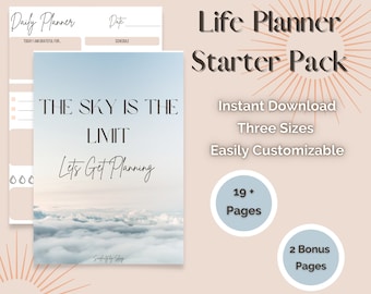 May include: A digital printable life planner starter pack with a sky background and the text "The sky is the limit. Let's get planning." The pack includes 19+ pages and 2 bonus pages. It is easily customizable and available for instant download in three sizes.