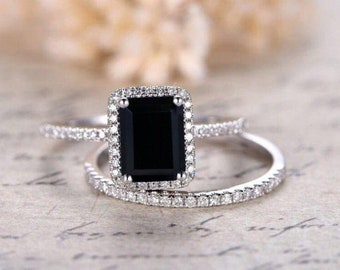 Natural Black Onyx Engagement Ring Set, Art deco 2Pcs Wedding Bridal Ring, Emerald Cut Black Stone Ring, Gift For Her, Round Cz diamond