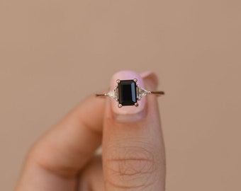 Black Onyx Engagement Ring Emerald Cut 14K Rose Gold Engagement Ring Cluster Ring CZ Diamond Bridal Ring Promise Ring Anniversary Gift