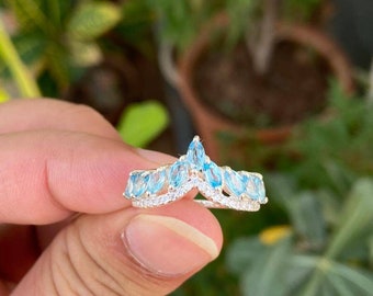 Blue Topaz Ring- Engagement Ring- Tiara Ring- December Birthstone Ring- Blue Topaz Band Ring