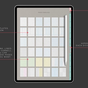 May include: A digital tablet screen displaying 36 different paper templates for note-taking. The templates include blank, lined, dotted, grid, and Cornell note styles. The tablet has a light gray background and a blue sidebar with numbered tabs. The text "PAPER TEMPLATES" is at the top of the screen. The text "INDEX PAGE" is at the top right of the screen. The text "HIPERLINKED TABS EACH DIVIDER SECTION" is at the bottom right of the screen.