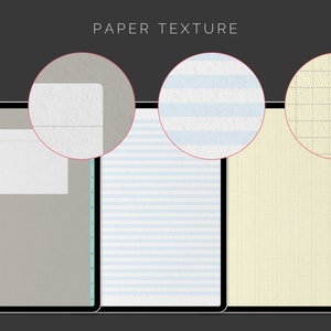 May include: A digital tablet displaying three different paper textures: a plain white paper, a blue lined paper, and a yellow grid paper. The paper textures are highlighted with red circles.
